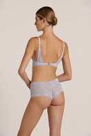 Purple-blue Luciela Wisteria lingerie set with bralette and boyshorts, featuring delicate lace details and a soft, feminine design.
