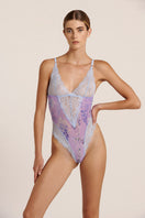 Purple and blue mesh Wisteria Bodysuit by Luciela, featuring a fitted underwear design with delicate mesh fabric.