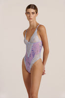 Purple and blue mesh Wisteria Bodysuit by Luciela, showcasing a fitted underwear design with delicate fabric and stylish details.