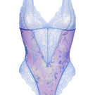 Purple lace Wisteria Bodysuit by Luciela, elegant underwear with intricate lace details and a fitted design.