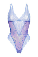 Purple lace Wisteria Bodysuit by Luciela, elegant underwear with intricate lace details and a fitted design.