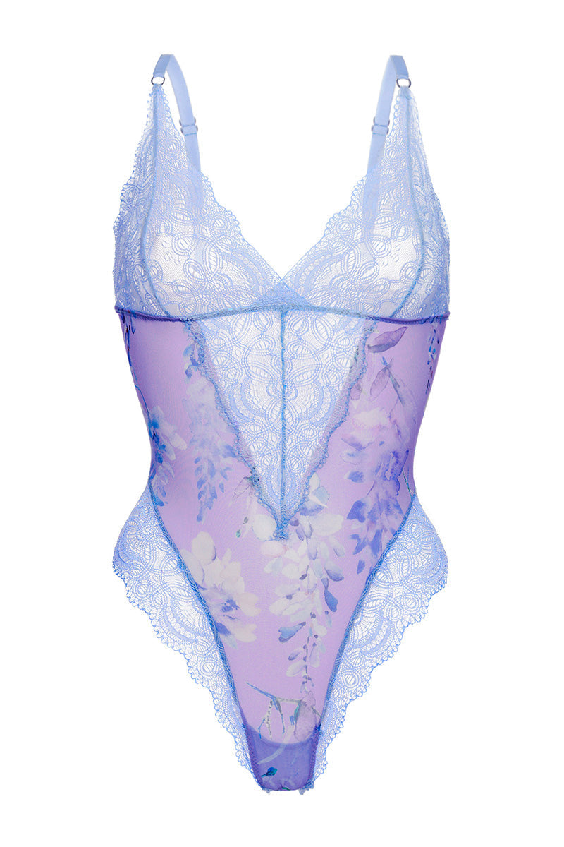 Purple lace Wisteria Bodysuit by Luciela, elegant underwear with intricate lace details and a fitted design.