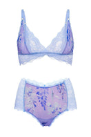 Purple mesh lingerie set featuring a Wisteria bralette and boyshorts by Luciela, showcasing delicate floral design and comfortable fit.