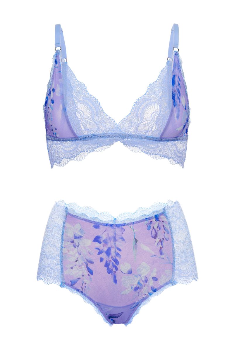 Purple mesh lingerie set featuring a Wisteria bralette and boyshorts by Luciela, showcasing delicate floral design and comfortable fit.