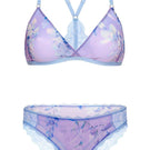 Purple mesh lingerie set with bralette and brief by Luciela, featuring sheer wisteria design and delicate fabric details.