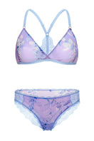 Purple mesh lingerie set with bralette and brief by Luciela, featuring sheer wisteria design and delicate fabric details.