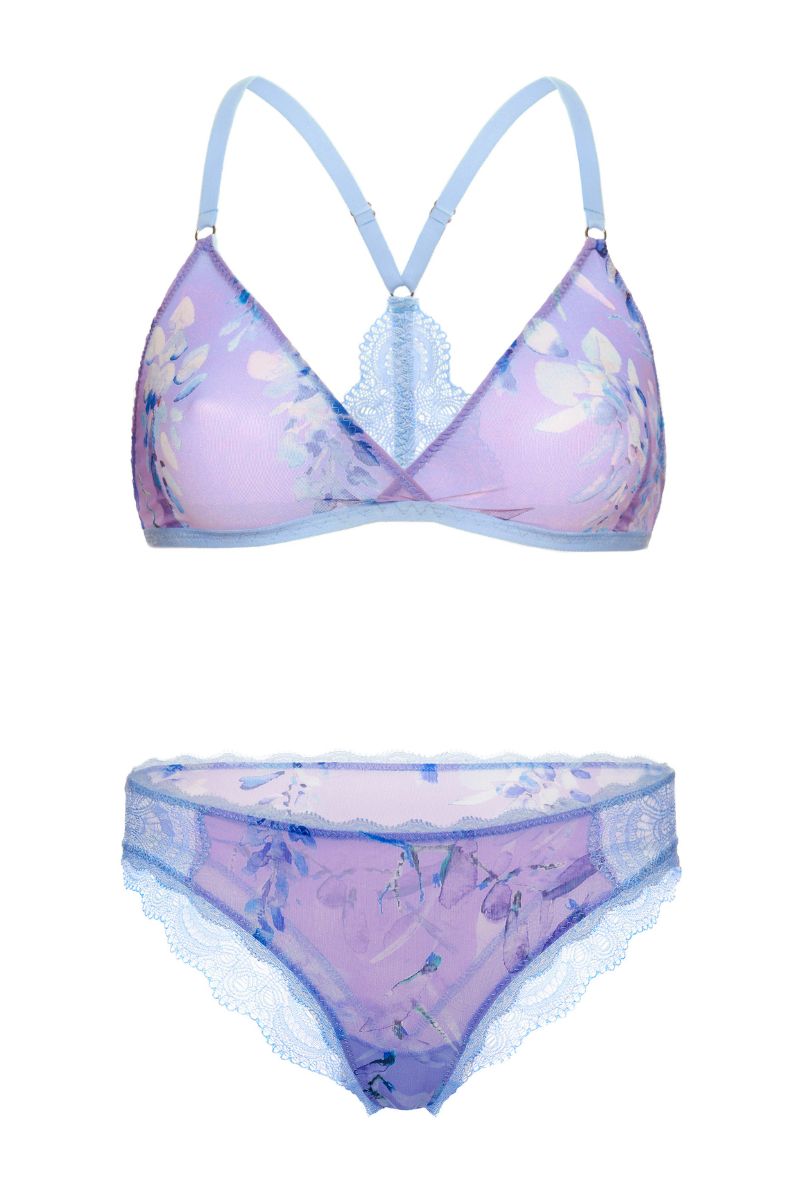 Purple mesh lingerie set with bralette and brief by Luciela, featuring sheer wisteria design and delicate fabric details.