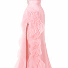 Blush pink strapless ruffle slit gown by Happy Clothing, featuring elegant ruffle details and a flowing silhouette.