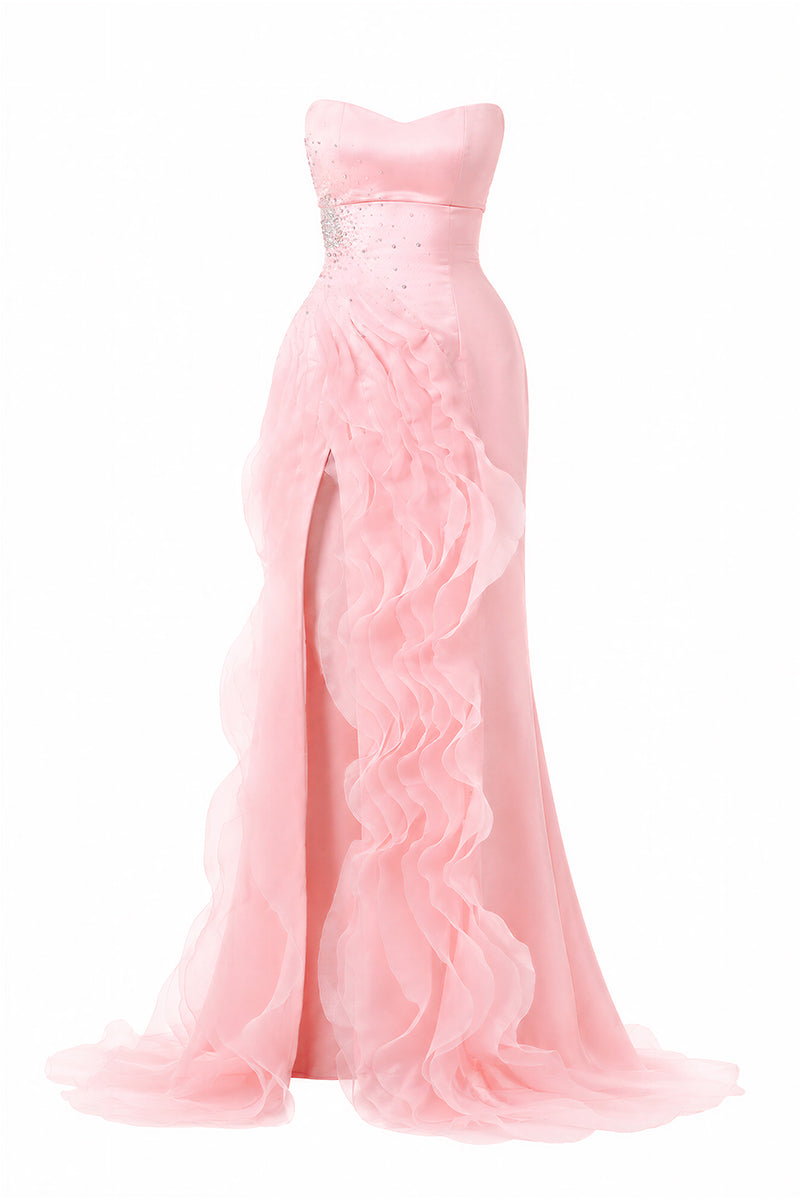 Blush pink strapless ruffle slit gown by Happy Clothing, featuring elegant ruffle details and a flowing silhouette.