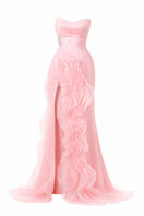 Blush pink strapless ruffle slit gown by Happy Clothing, featuring elegant ruffle details and a flowing silhouette.