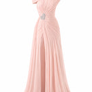 Elegant blush rose pleated draped maxi gown by Happy Clothing, flowing fabric with intricate pleats and a graceful silhouette.