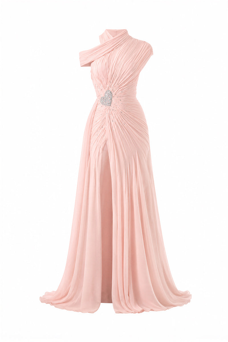 Elegant blush rose pleated draped maxi gown by Happy Clothing, flowing fabric with intricate pleats and a graceful silhouette.