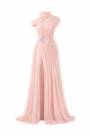 Elegant blush rose pleated draped maxi gown by Happy Clothing, flowing fabric with intricate pleats and a graceful silhouette.