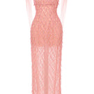 Peach beaded sheer overlay gown by Happy Clothing featuring intricate beadwork and flowing fabric for elegant evening wear.
