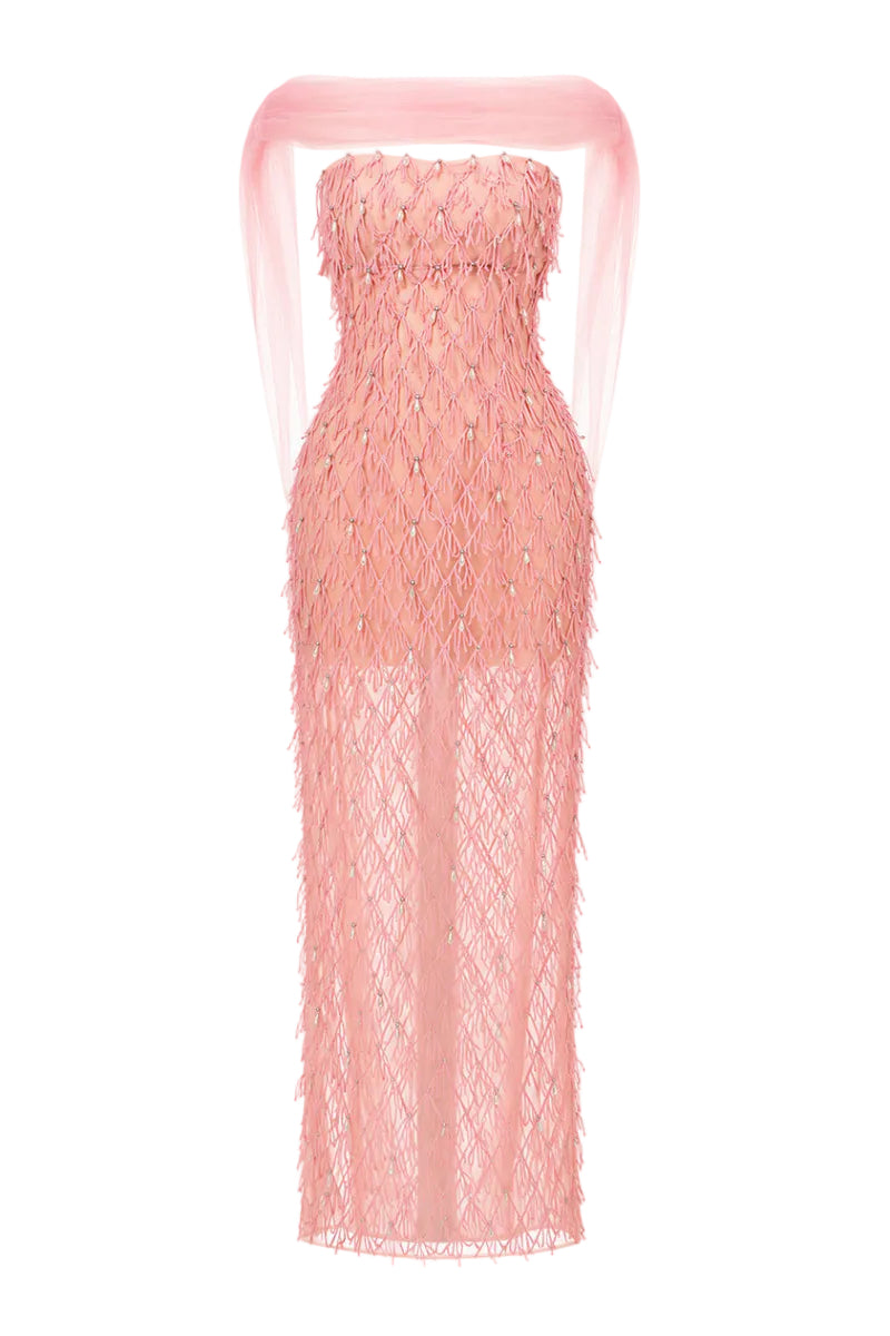 Peach beaded sheer overlay gown by Happy Clothing featuring intricate beadwork and flowing fabric for elegant evening wear.