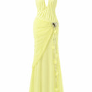 Yellow ruched halter gown with plunging neckline by Happy Clothing, stylish evening dress with a flattering fit.