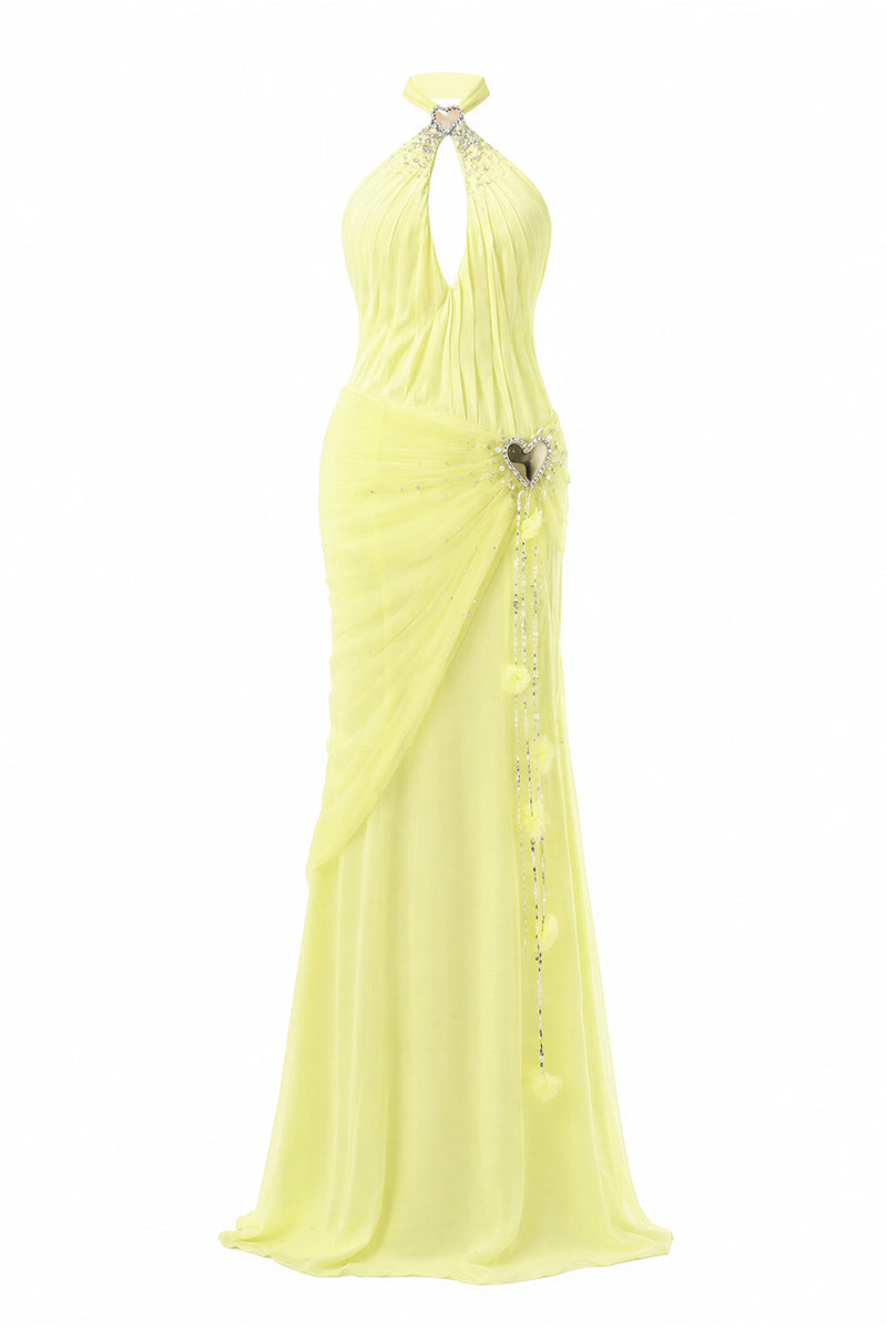 Yellow ruched halter gown with plunging neckline by Happy Clothing, stylish evening dress with a flattering fit.
