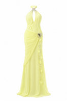 Yellow ruched halter gown with plunging neckline by Happy Clothing, stylish evening dress with a flattering fit.