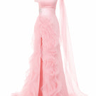 Blush pink draped ruffle gown by Happy Clothing, featuring elegant flowing fabric and ruffle details, perfect for formal occasions.