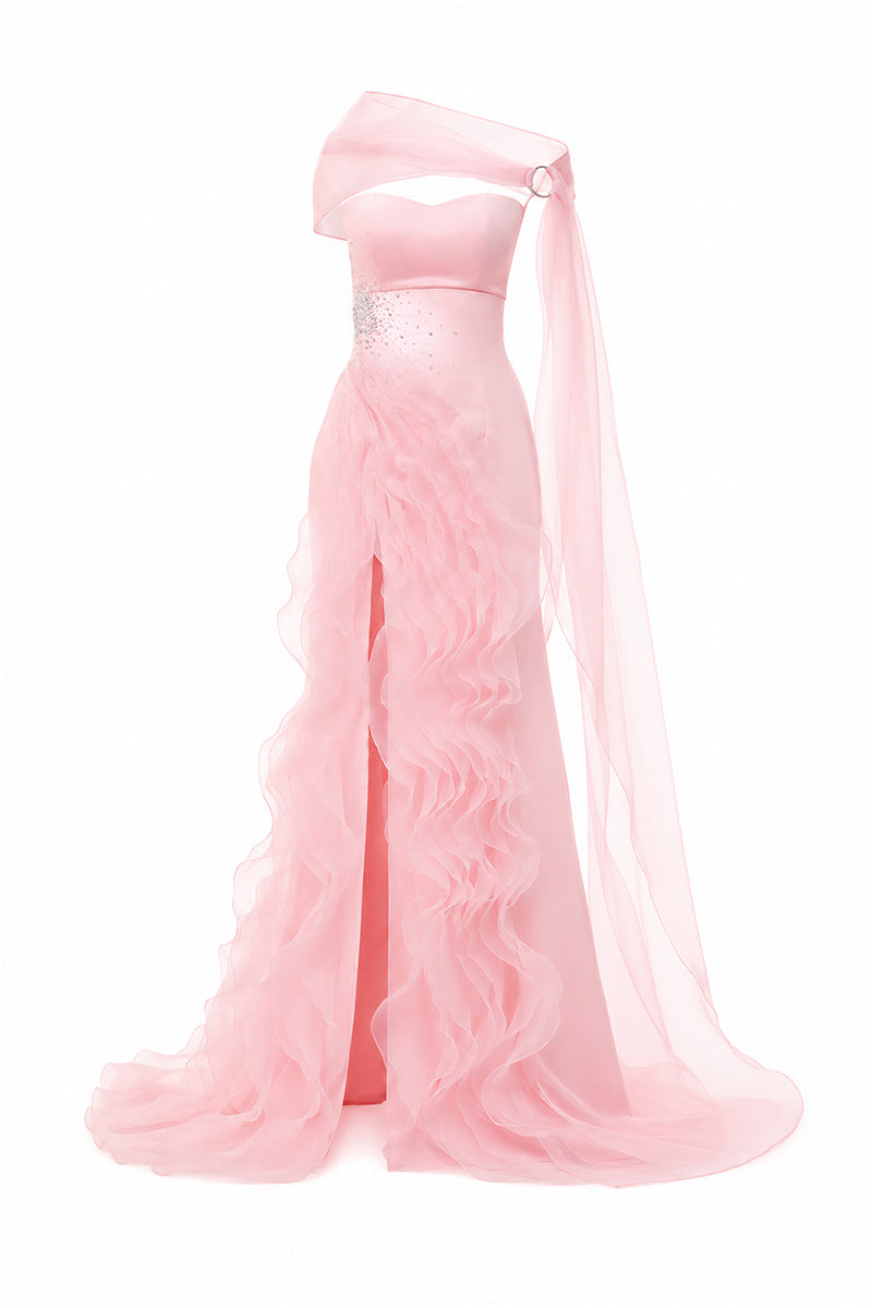Blush pink draped ruffle gown by Happy Clothing, featuring elegant flowing fabric and ruffle details, perfect for formal occasions.