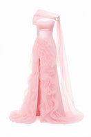 Blush pink draped ruffle gown by Happy Clothing, featuring elegant flowing fabric and ruffle details, perfect for formal occasions.