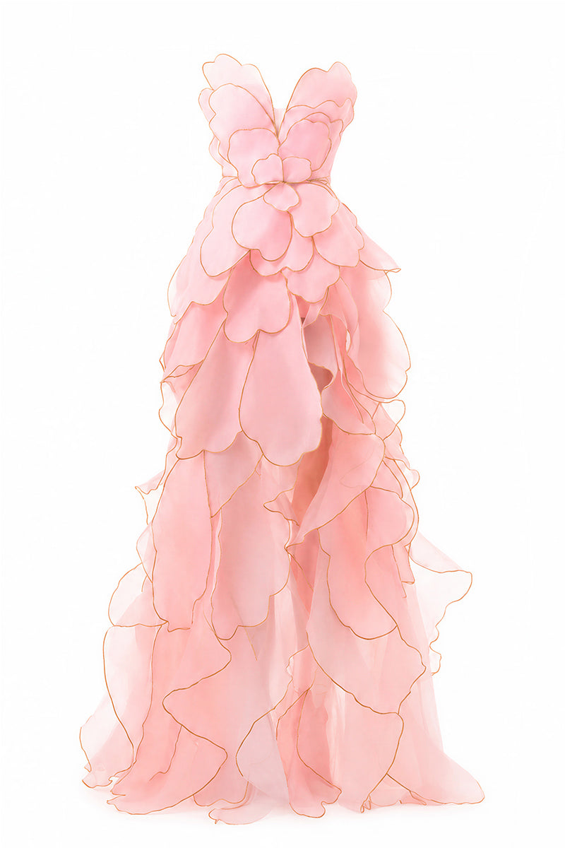 Pink blooming blush rose tiered gown by Happy Clothing, featuring flowing fabric and elegant design for special occasions.