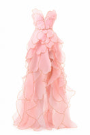 Pink blooming blush rose tiered gown by Happy Clothing, featuring flowing fabric and elegant design for special occasions.