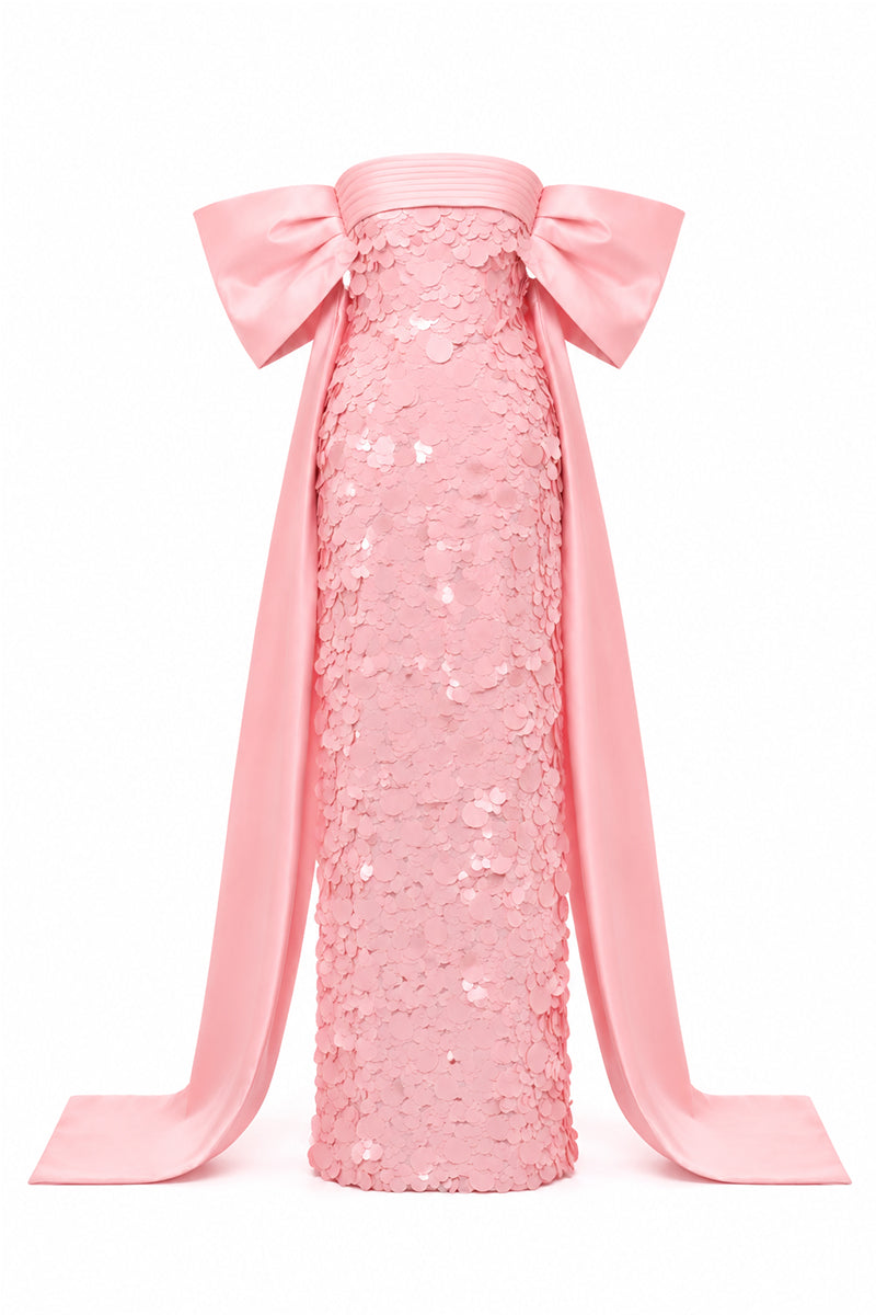 Blush pink gown by Happy Clothing with paillettes and bow-sleeves, elegant design perfect for special occasions.