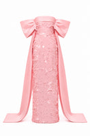 Blush pink gown by Happy Clothing with paillettes and bow-sleeves, elegant design perfect for special occasions.