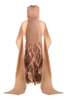 Brown CULT MIA X HAPPY CLOTHING mermaid organza gown featuring intricate details and flowing fabric, perfect for elegant occasions.