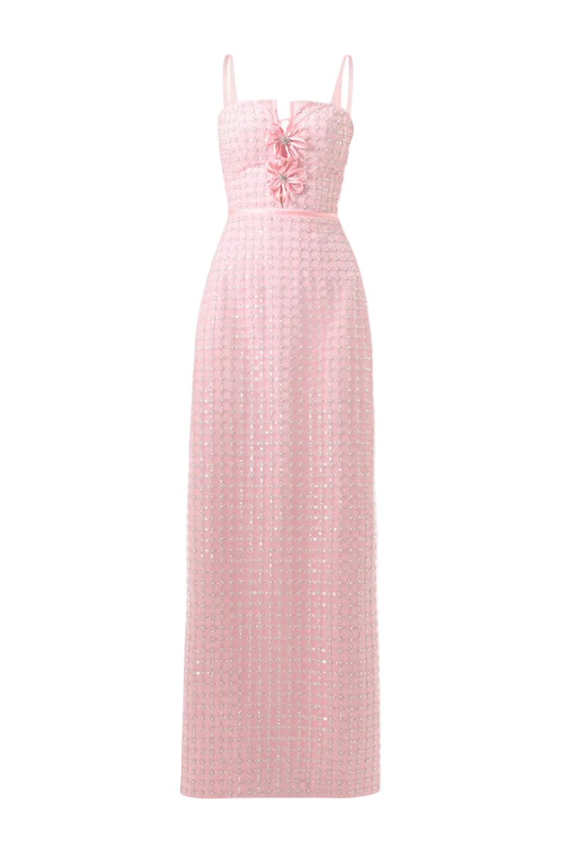 Pink structured corset gown by Happy Clothing, featuring a fitted bodice and flowing skirt, perfect for elegant occasions.