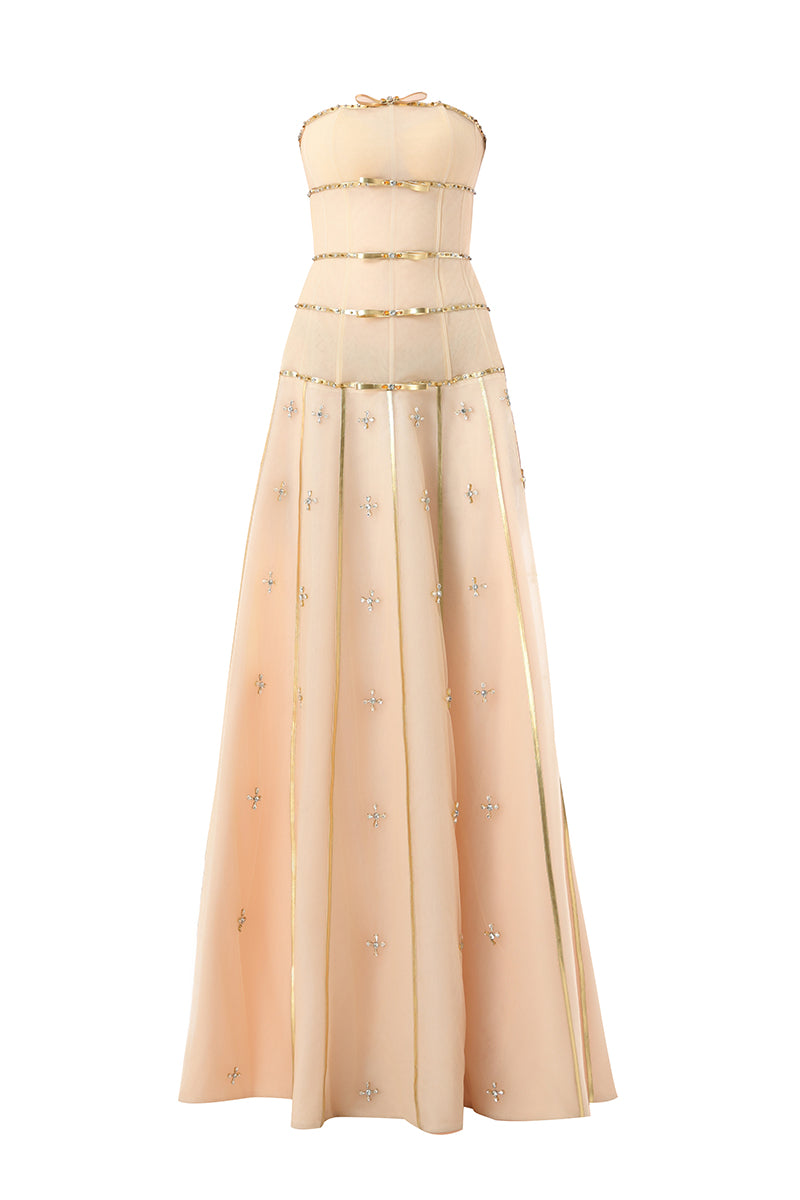 Elegant nude gold-banded embellished A-line gown by Happy Clothing, featuring intricate details and flowing fabric.
