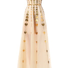 Elegant champagne metallic gown with heart-shaped embellishments by Happy Clothing, featuring a flowing design and intricate detailing.
