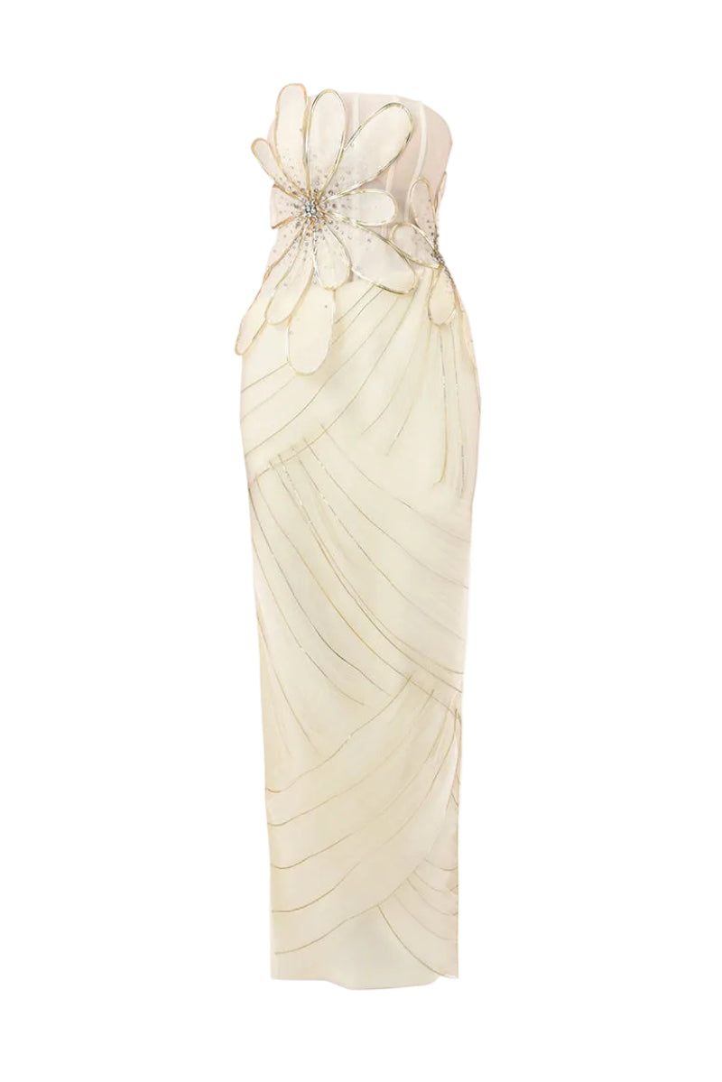 Ivory 3D floral corset column gown by Happy Clothing, featuring intricate floral embroidery and a fitted silhouette.
