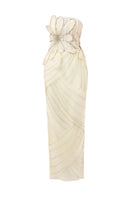 Ivory 3D floral corset column gown by Happy Clothing, featuring intricate floral embroidery and a fitted silhouette.