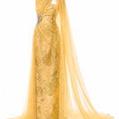 Golden yellow embellished tulle cape gown by Happy Clothing, featuring intricate embroidery and flowing fabric.