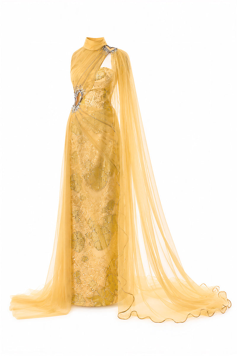 Golden yellow embellished tulle cape gown by Happy Clothing, featuring intricate embroidery and flowing fabric.