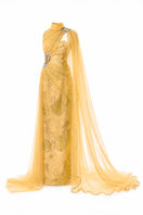 Golden yellow embellished tulle cape gown by Happy Clothing, featuring intricate embroidery and flowing fabric.