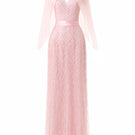 Blush pink beaded V-neck cape gown by HAPPY CLOTHING, featuring intricate beadwork and flowing fabric for elegant occasions.