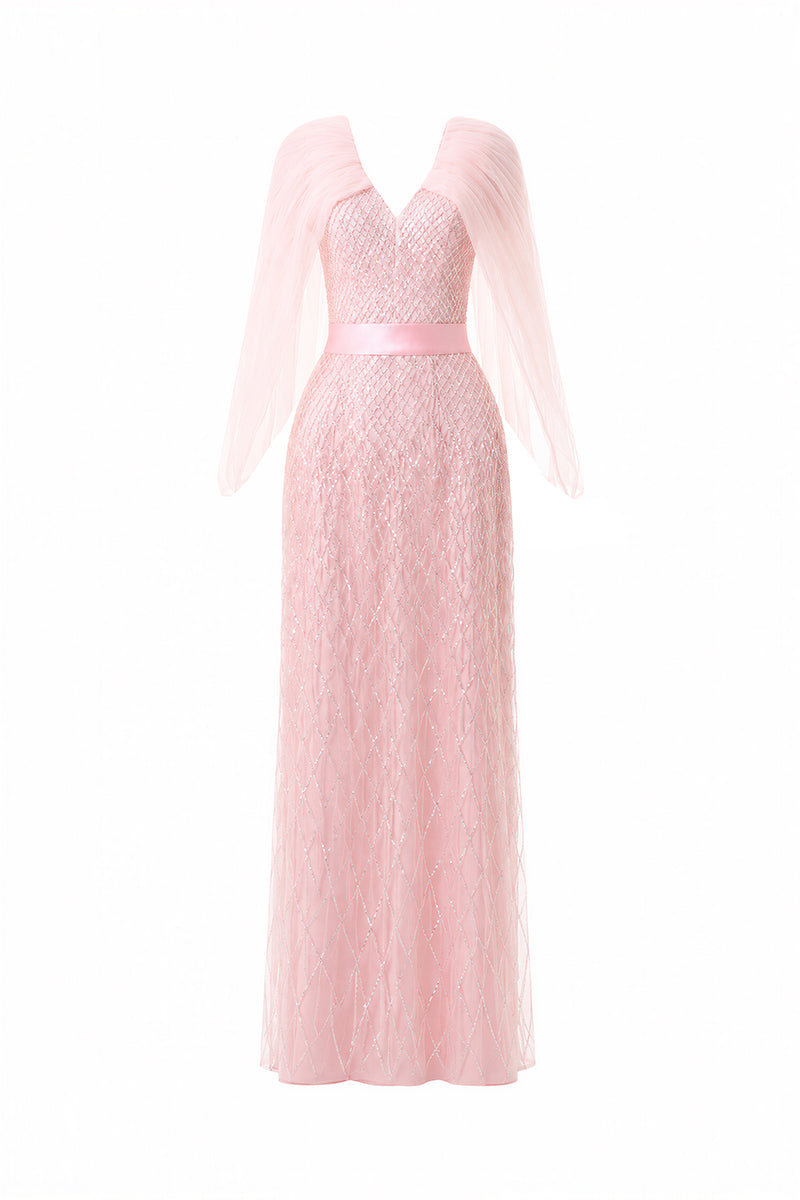 Blush pink beaded V-neck cape gown by HAPPY CLOTHING, featuring intricate beadwork and flowing fabric for elegant occasions.