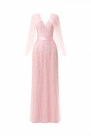 Blush pink beaded V-neck cape gown by HAPPY CLOTHING, featuring intricate beadwork and flowing fabric for elegant occasions.