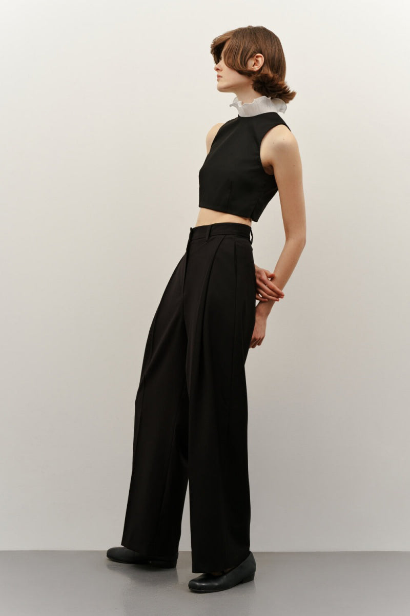 BLACK HIGH-RISE PANTS WITH SIDE PLEAT - CULT MIA