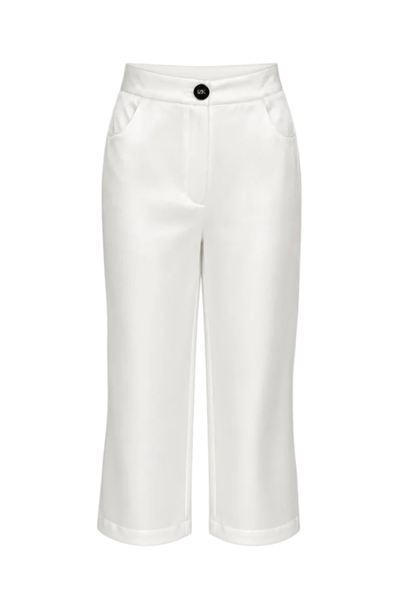 Izakova REA white satin blazer pants, tailored fit with sleek design and smooth satin fabric, styled for a modern look