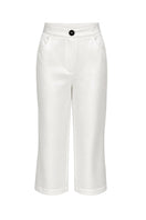Izakova REA pants in elegant white satin, showcasing a sleek, smooth fabric with a tailored fit and stylish design.