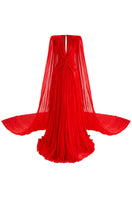 Red CULT MIA X CEM draped split gown featuring elegant fabric and stylish design, perfect for formal occasions.
