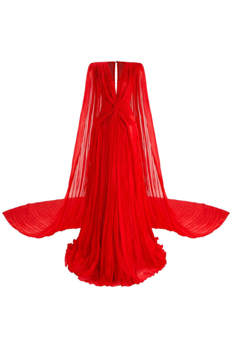 Red CULT MIA X CEM draped split gown featuring elegant fabric and stylish design, perfect for formal occasions.