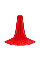 Red CULT MIA X CEM draped split gown with flowing fabric and elegant design, showcasing a stylish evening dress.