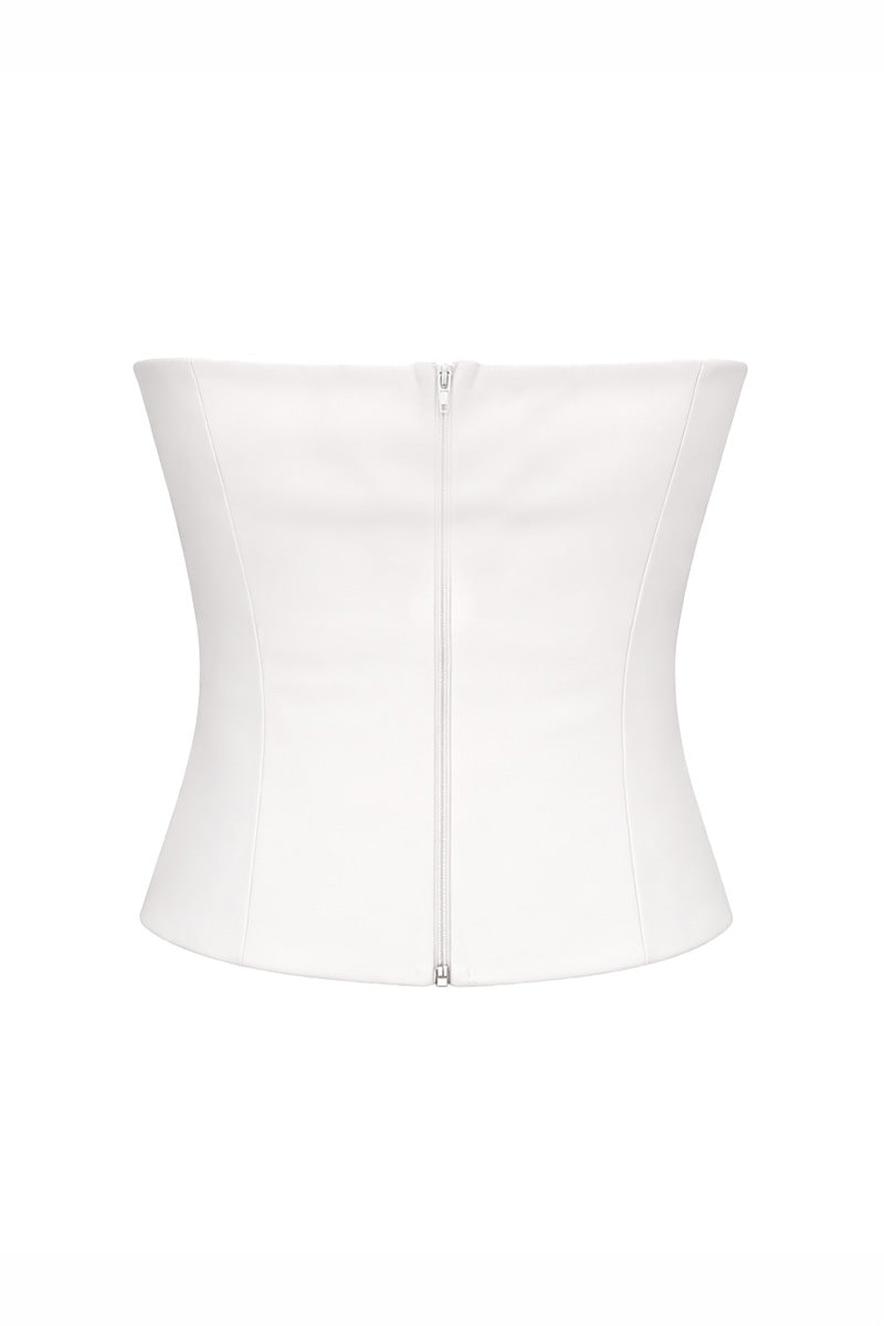 White Reine Corset top by Gigii's, showcasing a fitted lace-up design with structured boning and elegant detailing.