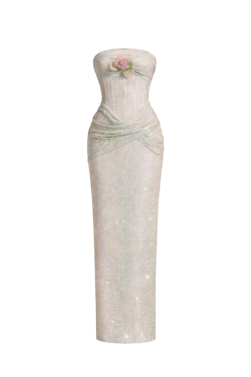 ELISE DRAPED CORSET SEQUIN DRESS IN SOFT IVORY - CULT MIA