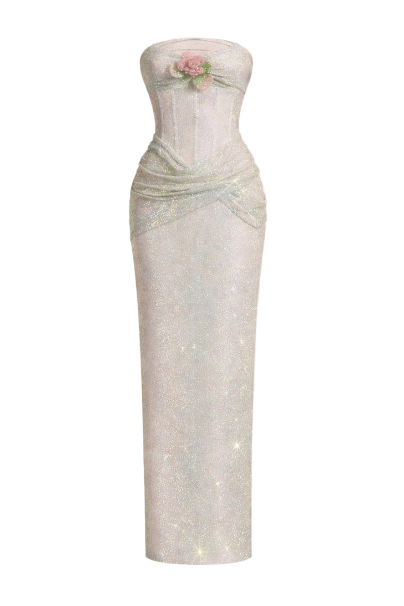 ELISE DRAPED CORSET SEQUIN DRESS IN SOFT IVORY | CULT MIA